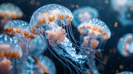 Ethereal jellyfish swarm in deep blue waters