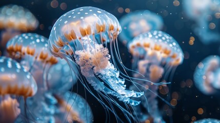 Fototapeta premium Ethereal jellyfish swarm in deep blue waters