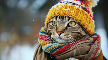 Cute cat wearing warm clothes scarf hat jacket 