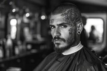 Intimate portrait of a barber with intricate tattoos, focusing on his expression while cutting hair in a stylish barbershop