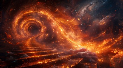 Fiery spiral staircase leading into a cosmic swirl in outer space