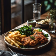 A plate of fried fish and fries with a lemon wedge on top. The plate is set on a wooden table with a bottle and a cup nearby