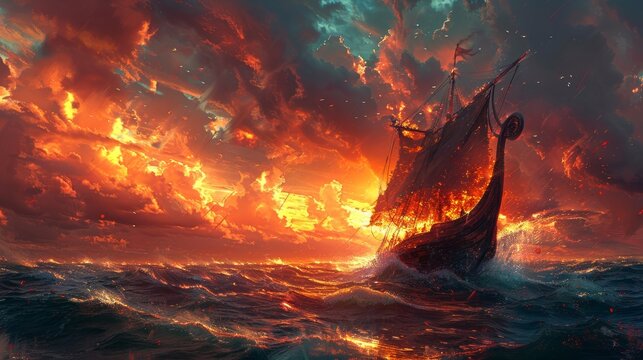 Fiery Viking ship sailing through stormy seas under dramatic clouds