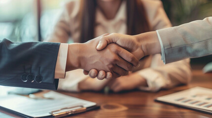 Young Couple Shaking Hands With Real Estate Agent, Signing Contract For Property Investment Or Business Agreement