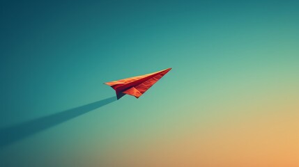 Fiery red paper airplane soaring in clear blue sky above fluffy clouds