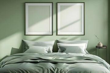 Elegant sage green bedroom decor with two frames above the bed. Concept Bedroom Decor, Sage Green, Elegant, Frames, Wall Art