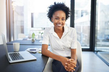 Portrait, laptop and black woman in office, relax and confidence for project, editor and corporate. Public relations, review and proofreading of articles, technology and online for company and web
