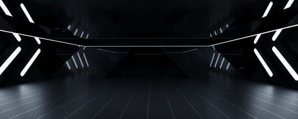 Futuristic interior design of a dark, empty corridor with spotlights 3d render illustration