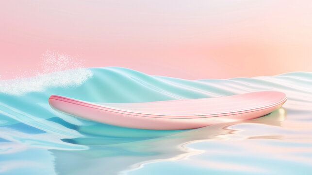 Elegant pink surfboard floating on a crystal clear blue sea