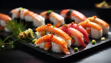 Nigiri sushi and sashimi sushi on wooden serving board with soy sauce over black stone texture background. Japanese menu