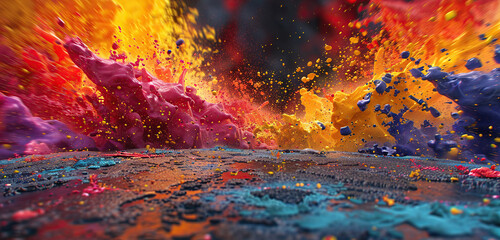 Explosive splashes of color converge on a textured 3D surface