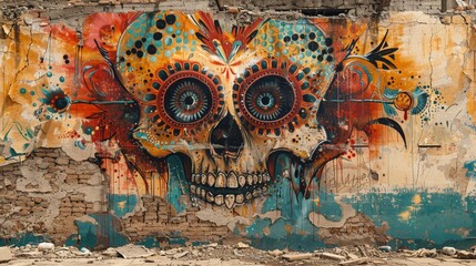 Vivid graffiti mural of fiery creatures on an aged wall, blending urban art with ancient symbolism