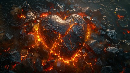 Heart of fire: A visually striking sculpture of a heart engulfed in flames among coals