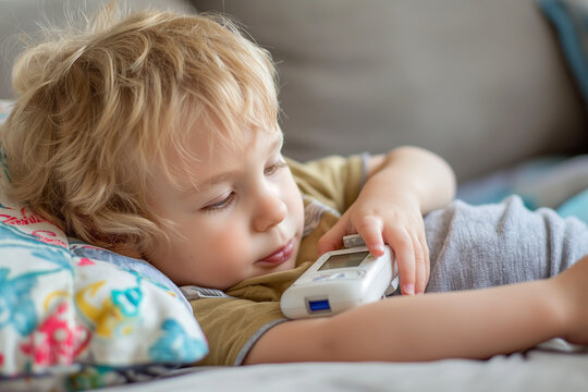 Little boy making blood sugar test, Insulin Pump. Medical equipment to check, control diabetics at home. World Diabetes Day, November 14 - Powered by Adobe