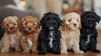 Cute puppy group sitting looking at camera indoor 
