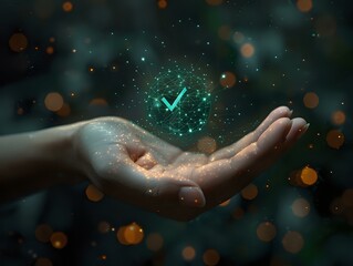 Fototapeta premium Futuristic User Approval: Hand and Check Mark Icon
