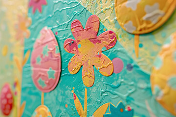 A vibrant, Easter-themed card glimmers in the light, its bright, colorful designs and delicate, paper texture creating a sense of joy.