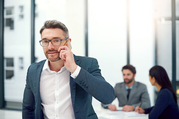 Portrait, businessman and phone call for networking with communication, conversation and workers in...