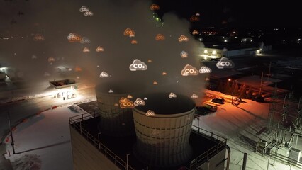 CO2 particles enter atmosphere from smokestacks at environmentally harmful factory. Animation of...