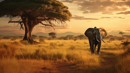 A majestic elephant walks alone through a golden African landscape at sunset