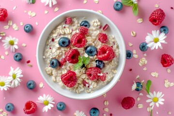 Morning vegetarian items like organic corn flakes and vegan fresh fruits turn into delicious snacks, featuring kitchen-staple milk and raspberries.