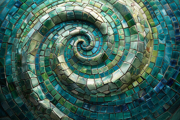 A swirling mosaic pattern in vibrant blues and greens, reminiscent of the ocean depths.
