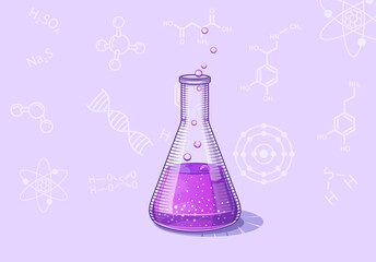 Chemical glass flask with a purple substance in vector. Laboratory tests concept. Home and school experiments for children's master class. Do it yourself.