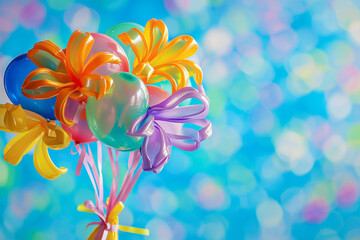 A vibrant, Easter-themed balloon bouquet floats gently in the air, its bright, shimmering surfaces and delicate, curly ribbons creating a sense of joy.