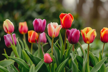 A vibrant bouquet of tulips standing tall amidst a lush green garden.