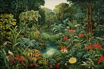 Fototapeta premium Jungle painting vegetation landscape.
