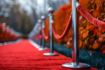 Exclusive Access: Red Carpet and Velvet Rope for VIP Events and Glamorous Occasions. Concept VIP Events, Red Carpet, Velvet Rope, Glamorous Occasions - obrazy, fototapety, plakaty