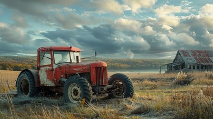 An old red tractor is parked in a field