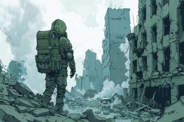 Apocalyptic scene: man in cloak and gas mask against backdrop of ruined city, a portrait of survival.