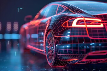 Creating holographic wireframe image of futuristic black electric car on digital backdrop. Concept Holographic Visualization, Futuristic Black Electric Car, Digital Backdrop, Wireframe Image