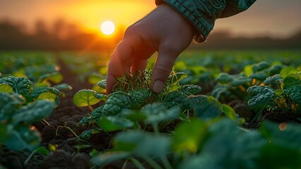 Tender moment: A farmer's hand caresses sprouts in a fertile field at sunset. Concept Agriculture, Farming, Nature, Sunset, Growth - obrazy, fototapety, plakaty