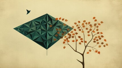 Minimalist illustration of a kite entangled in a barren tree against a soft, gradient backdrop