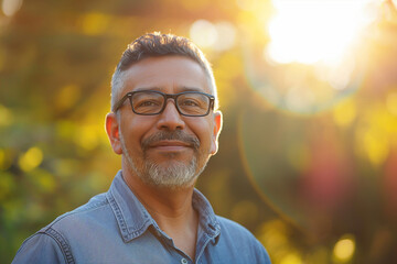 Latin senior man portrait looking at camera outdoors in the street in Mexico city, hispanic adult people