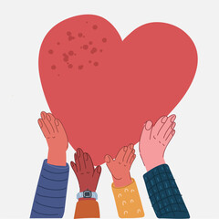 Cartoon vector illustration of Family hands holding red heart, heart health insurance, organ donation, happy volunteer charity, CSR social responsibility,world heart day, world health day,world mental