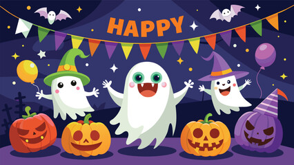 Embrace the ghostly atmosphere of Halloween night, where spirits dance at a spectral party with pumpkins, bats, and the full moon casting an eerie glow. Haunting banner illustration.
