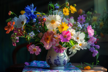 A vase overflows with a colorful mix of fresh flowers, their petals and leaves creating a soft, cheerful glow.