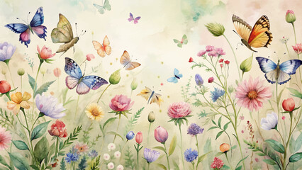 Wildflower watercolor background with colorful butterflies