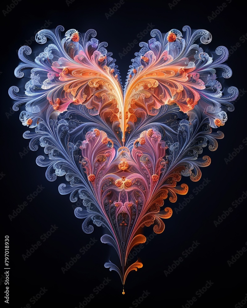 Poster Complex Fractal Pattern Forming a Heart Shape Vibrant Colors on a Dark Background