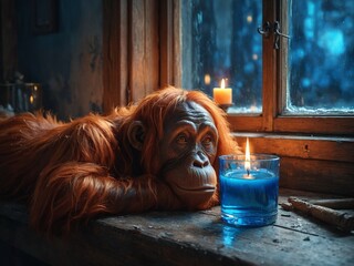 nostalgic dreaming and chilling orangutan laying at rustical wooden window looking at candle, generative AI