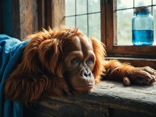 chilling orangutan laying at rustical wooden window looking at candle, generative AI