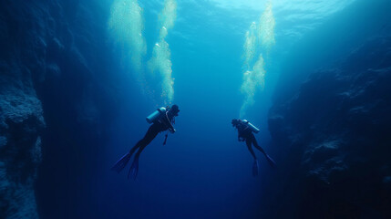 Scuba Divers Explore Sunlit Depths: Ocean Adventure Beneath Azure Skies