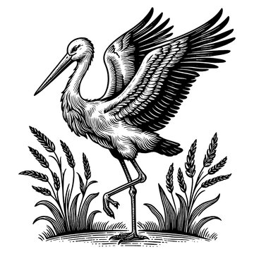 black and white stork standing in reeds clip art preview