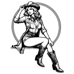 confident western cowgirl, tipping her hat with a smile sketch engraving generative ai fictional character PNG illustration. Scratch board imitation. Black and white image.