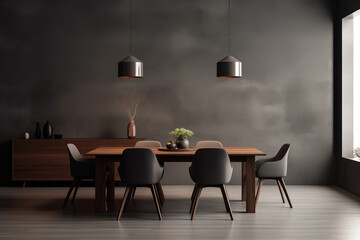 Modern dark dining room interior with gray empty wall