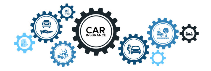 Car insurance banner web icon vector illustration concept with the icon of car care, accident, insurance policy, claim, thief, car fire, car crash tree