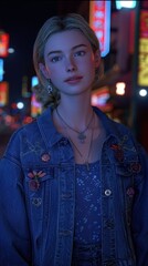 Obraz premium A young woman with blond hair stands on a dark city street. In a denim jacket with floral embroidery, a necklace with a cross and earrings. The expression on his face is serious.